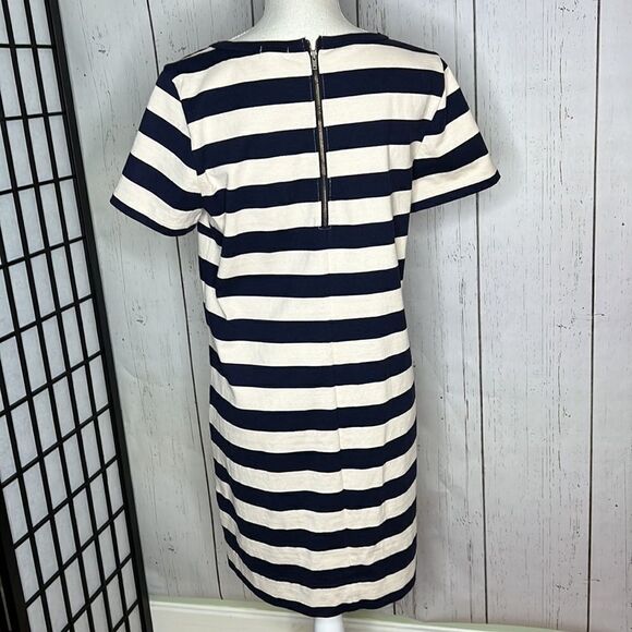 J. Crew Light Tan & Blue Striped Dress w/Faux Leather Pockets - Medium - Picture 5 of 7